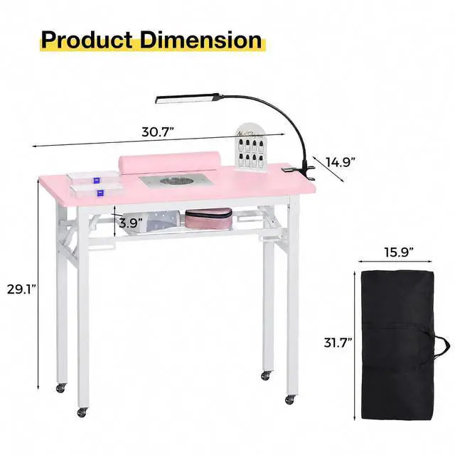 Alt view image 2 of 7 - Foldable Manicure Table with Dust Collector, Portable Nail Tech Desk with LED Lamp, Carrying Bag, Wheels and Wrist Rest for Home Salon Travel (Pink)