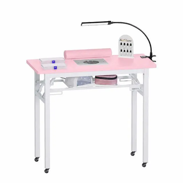 Alt view image 5 of 7 - Foldable Manicure Table with Dust Collector, Portable Nail Tech Desk with LED Lamp, Carrying Bag, Wheels and Wrist Rest for Home Salon Travel (Pink)