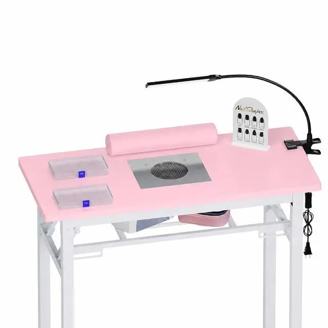 Alt view image 7 of 7 - Foldable Manicure Table with Dust Collector, Portable Nail Tech Desk with LED Lamp, Carrying Bag, Wheels and Wrist Rest for Home Salon Travel (Pink)