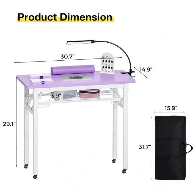 Alt view image 2 of 7 - Foldable Manicure Table with Dust Collector, Portable Nail Tech Desk with LED Lamp, Carrying Bag, Wheels and Wrist Rest for Home Salon Travel (Purple)
