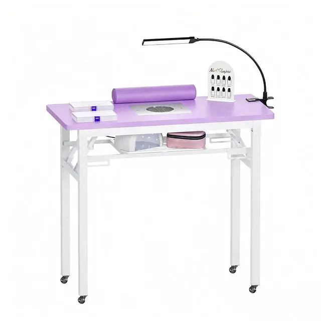 Alt view image 5 of 7 - Foldable Manicure Table with Dust Collector, Portable Nail Tech Desk with LED Lamp, Carrying Bag, Wheels and Wrist Rest for Home Salon Travel (Purple)