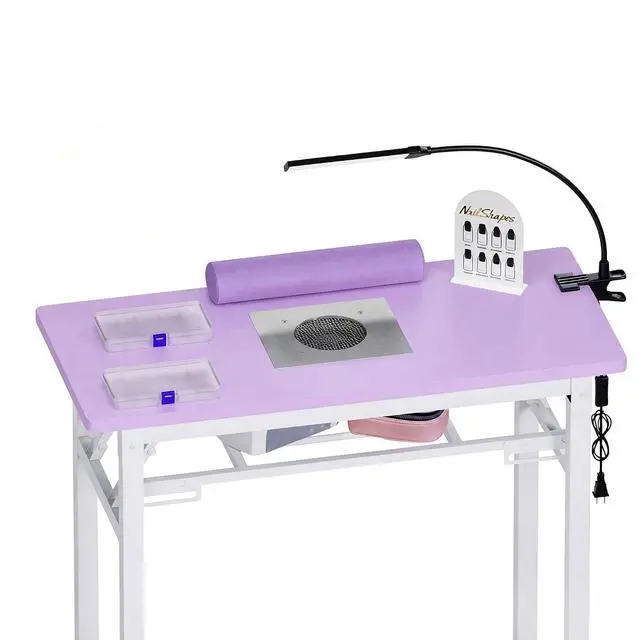 Alt view image 7 of 7 - Foldable Manicure Table with Dust Collector, Portable Nail Tech Desk with LED Lamp, Carrying Bag, Wheels and Wrist Rest for Home Salon Travel (Purple)