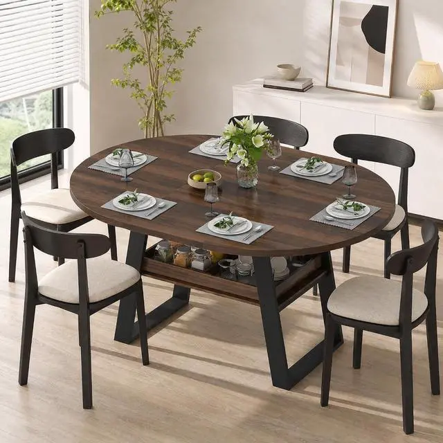 Main image of 43"-59" Extendable Round Dining Table for 4-8 Oval Kitchen Table, Walnut | Pull-Out Large Capacity Storage Shelf, Sturdy Metal Frame, Space Saving Modern Design, Small Apartment, Kitchen, Living Room
