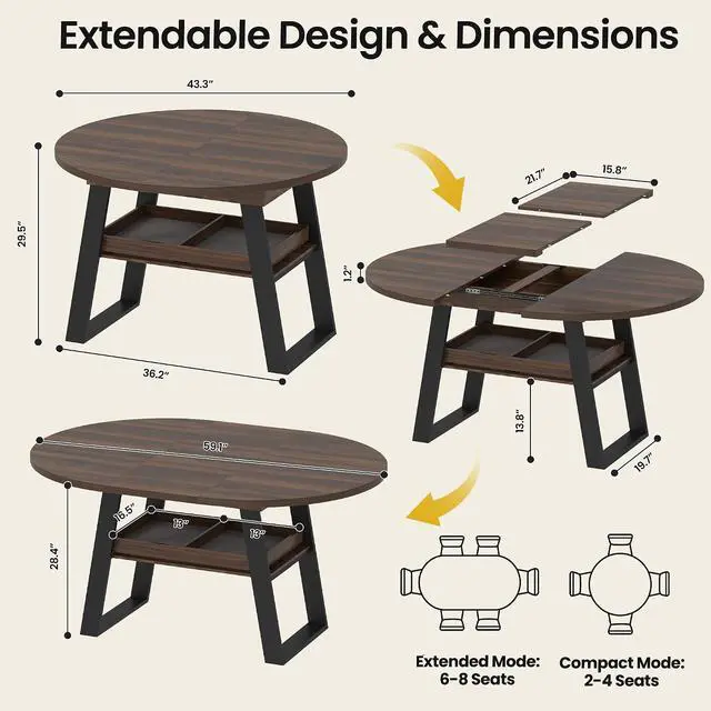 Alt view image 2 of 7 - 43"-59" Extendable Round Dining Table for 4-8 Oval Kitchen Table, Walnut | Pull-Out Large Capacity Storage Shelf, Sturdy Metal Frame, Space Saving Modern Design, Small Apartment, Kitchen, Living Room