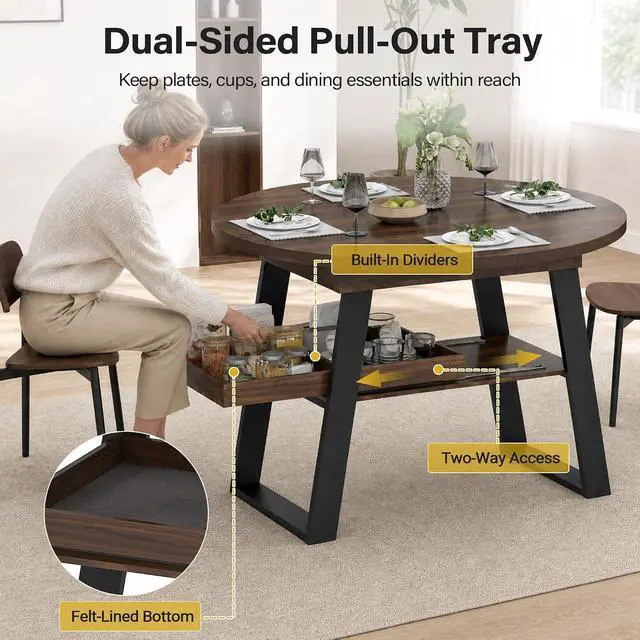 Alt view image 4 of 7 - 43"-59" Extendable Round Dining Table for 4-8 Oval Kitchen Table, Walnut | Pull-Out Large Capacity Storage Shelf, Sturdy Metal Frame, Space Saving Modern Design, Small Apartment, Kitchen, Living Room