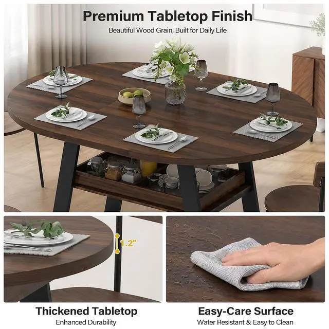Alt view image 5 of 7 - 43"-59" Extendable Round Dining Table for 4-8 Oval Kitchen Table, Walnut | Pull-Out Large Capacity Storage Shelf, Sturdy Metal Frame, Space Saving Modern Design, Small Apartment, Kitchen, Living Room