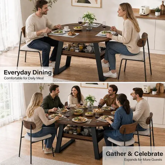 Alt view image 3 of 7 - 43"-59" Extendable Round Dining Table for 4-8 Oval Kitchen Table, Walnut | Pull-Out Large Capacity Storage Shelf, Sturdy Metal Frame, Space Saving Modern Design, Small Apartment, Kitchen, Living Room
