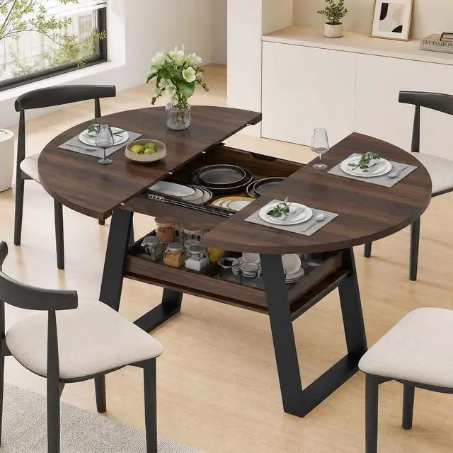 Alt view image 7 of 7 - 43"-59" Extendable Round Dining Table for 4-8 Oval Kitchen Table, Walnut | Pull-Out Large Capacity Storage Shelf, Sturdy Metal Frame, Space Saving Modern Design, Small Apartment, Kitchen, Living Room
