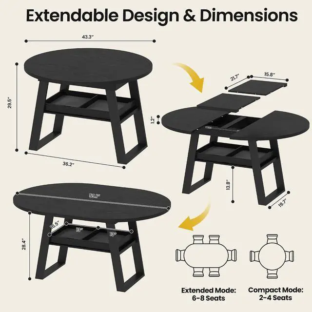 Alt view image 2 of 7 - 43"-59" Extendable Round Dining Table for 4-8 Oval Kitchen Table, Black | Pull-Out Large Capacity Storage Shelf, Sturdy Metal Frame, Space Saving Modern Design, Small Apartment, Kitchen, Living Room