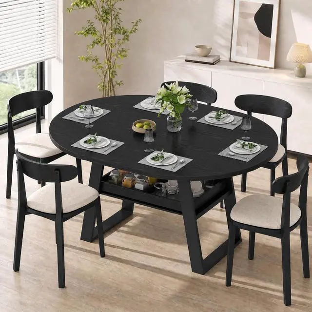 Main image of 43"-59" Extendable Round Dining Table for 4-8 Oval Kitchen Table, Black | Pull-Out Large Capacity Storage Shelf, Sturdy Metal Frame, Space Saving Modern Design, Small Apartment, Kitchen, Living Room