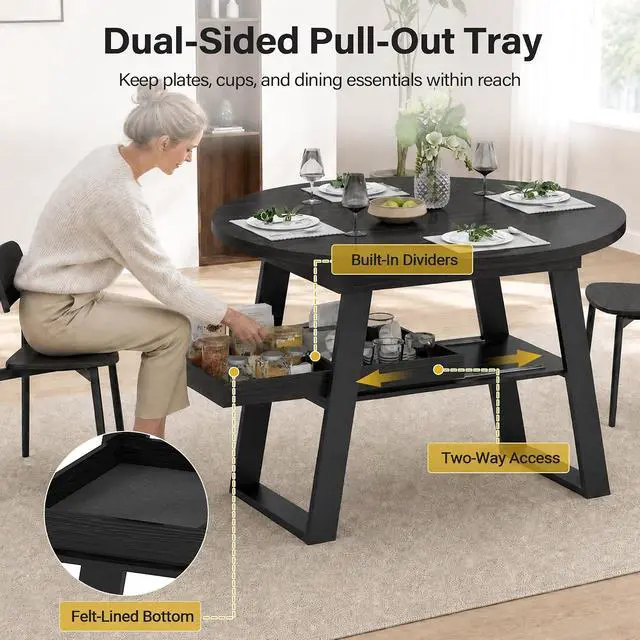 Alt view image 4 of 7 - 43"-59" Extendable Round Dining Table for 4-8 Oval Kitchen Table, Black | Pull-Out Large Capacity Storage Shelf, Sturdy Metal Frame, Space Saving Modern Design, Small Apartment, Kitchen, Living Room