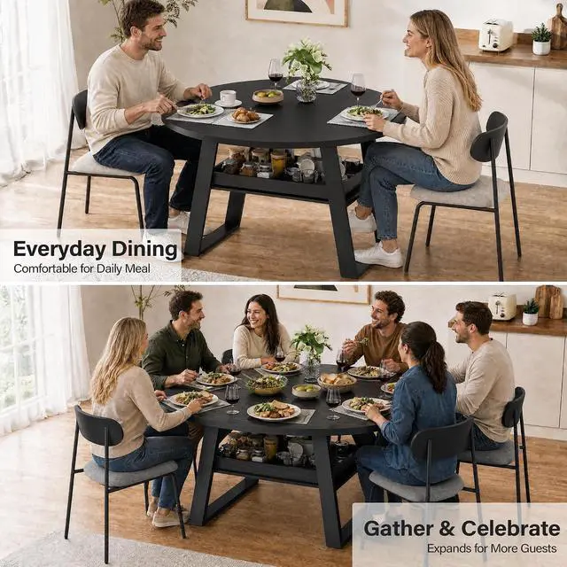 Alt view image 3 of 7 - 43"-59" Extendable Round Dining Table for 4-8 Oval Kitchen Table, Black | Pull-Out Large Capacity Storage Shelf, Sturdy Metal Frame, Space Saving Modern Design, Small Apartment, Kitchen, Living Room
