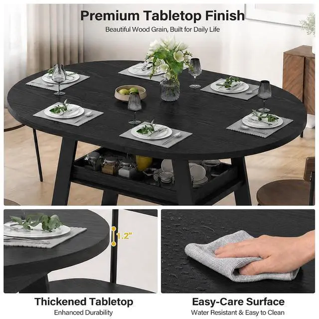 Alt view image 5 of 7 - 43"-59" Extendable Round Dining Table for 4-8 Oval Kitchen Table, Black | Pull-Out Large Capacity Storage Shelf, Sturdy Metal Frame, Space Saving Modern Design, Small Apartment, Kitchen, Living Room