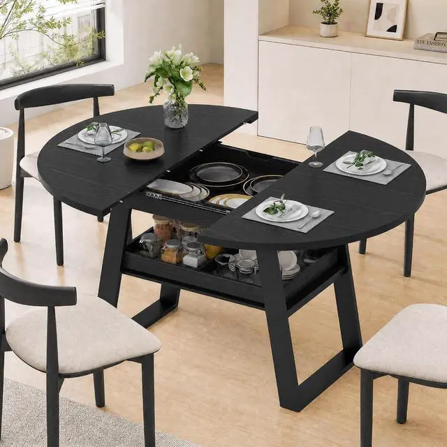 Alt view image 7 of 7 - 43"-59" Extendable Round Dining Table for 4-8 Oval Kitchen Table, Black | Pull-Out Large Capacity Storage Shelf, Sturdy Metal Frame, Space Saving Modern Design, Small Apartment, Kitchen, Living Room