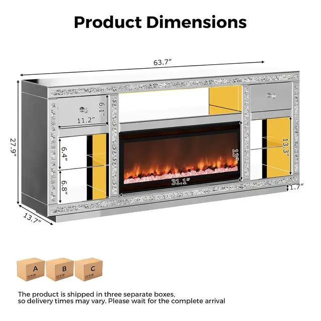 Alt view image 2 of 7 - Mirrored TV Stand with Fireplace for 70 Inch TVs, Silver Fireplace TV Stand with LED, Electric Fireplace Modern Media Console with Drawers for Living Room, Bedroom