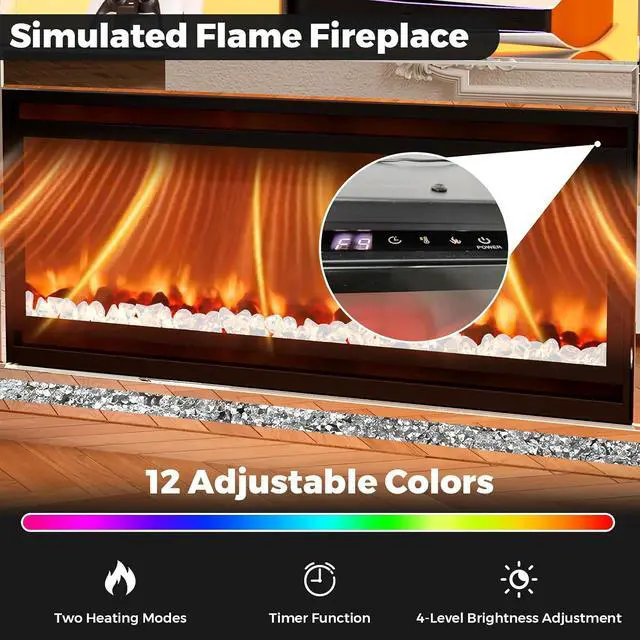 Alt view image 3 of 7 - Mirrored TV Stand with Fireplace for 70 Inch TVs, Silver Fireplace TV Stand with LED, Electric Fireplace Modern Media Console with Drawers for Living Room, Bedroom