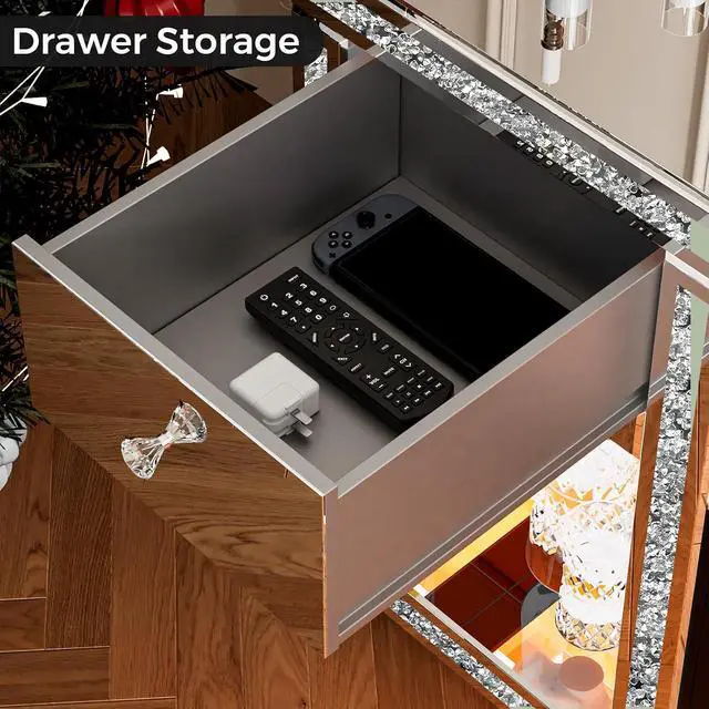 Alt view image 6 of 7 - Mirrored TV Stand with Fireplace for 70 Inch TVs, Silver Fireplace TV Stand with LED, Electric Fireplace Modern Media Console with Drawers for Living Room, Bedroom