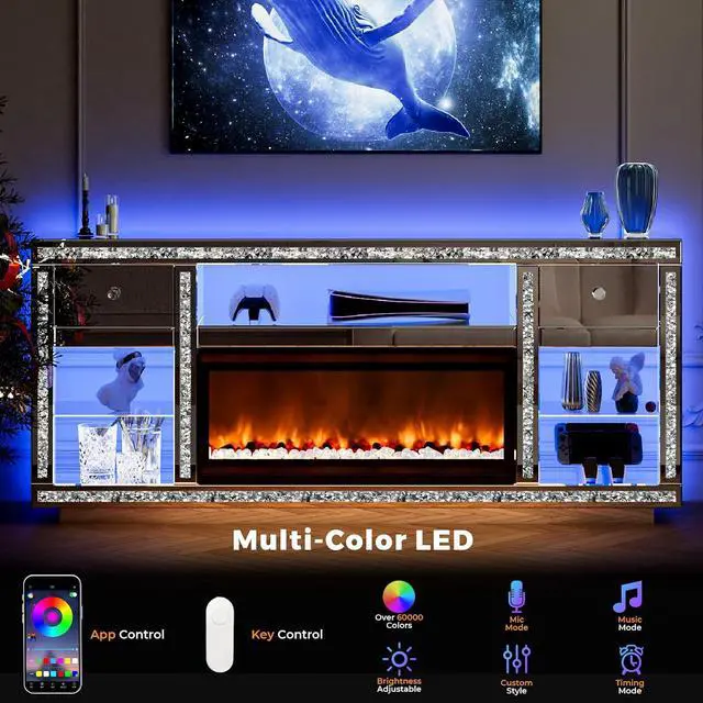 Alt view image 5 of 7 - Mirrored TV Stand with Fireplace for 70 Inch TVs, Silver Fireplace TV Stand with LED, Electric Fireplace Modern Media Console with Drawers for Living Room, Bedroom
