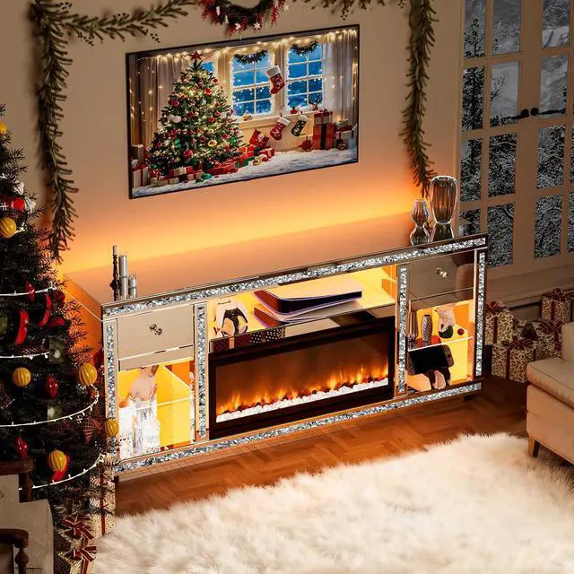 Alt view image 7 of 7 - Mirrored TV Stand with Fireplace for 70 Inch TVs, Silver Fireplace TV Stand with LED, Electric Fireplace Modern Media Console with Drawers for Living Room, Bedroom