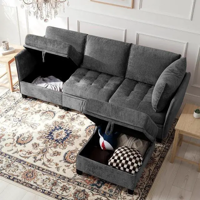 Alt view image 3 of 7 - Oversized Modular Sectional Sofa with Storage, Chenille Convertible Couch | Storage Under Every Seat, Soft Chenille Fabric, Modular Design, Convertible Layout, Extra Deep Seats
