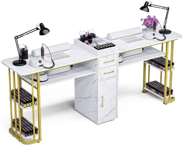 Main image of Double Manicure Table Nail Desk for Nail Tech, Nail Station w/ 2 Dust Collectors, 2 Wrist Rests, 8 Dust Bags, Acetone Resistant Nail Salon Workstation w/Drawers & Storage Cabinet