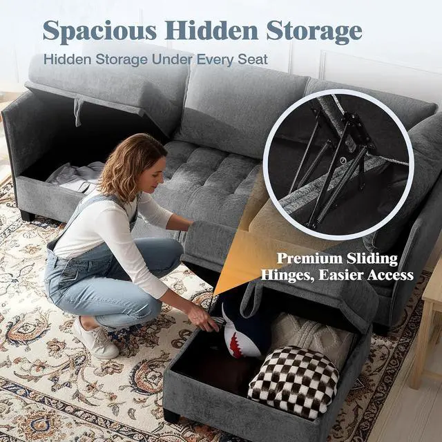 Alt view image 4 of 7 - Oversized Modular Sectional Sofa with Storage, Chenille Convertible Couch | Storage Under Every Seat, Soft Chenille Fabric, Modular Design, Convertible Layout, Extra Deep Seats