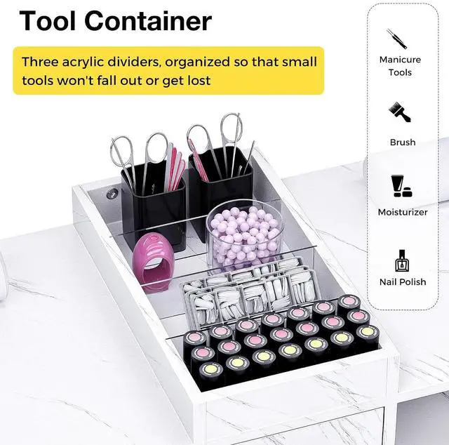 Alt view image 5 of 7 - Double Manicure Table Nail Desk for Nail Tech, Nail Station w/ 2 Dust Collectors, 2 Wrist Rests, 8 Dust Bags, Acetone Resistant Nail Salon Workstation w/Drawers & Storage Cabinet