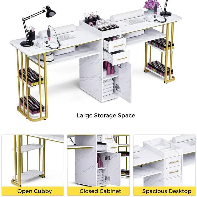 Alt view image 6 of 7 - Double Manicure Table Nail Desk for Nail Tech, Nail Station w/ 2 Dust Collectors, 2 Wrist Rests, 8 Dust Bags, Acetone Resistant Nail Salon Workstation w/Drawers & Storage Cabinet