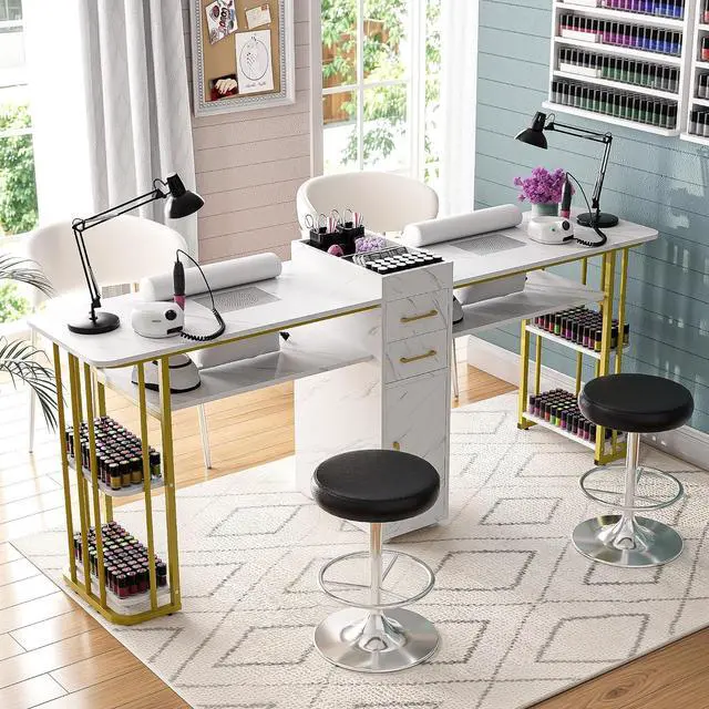 Alt view image 2 of 7 - Double Manicure Table Nail Desk for Nail Tech, Nail Station w/ 2 Dust Collectors, 2 Wrist Rests, 8 Dust Bags, Acetone Resistant Nail Salon Workstation w/Drawers & Storage Cabinet