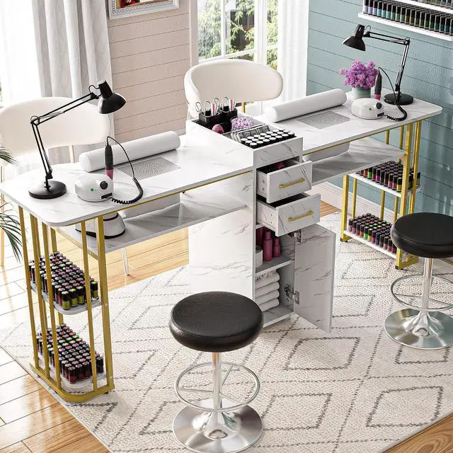 Alt view image 7 of 7 - Double Manicure Table Nail Desk for Nail Tech, Nail Station w/ 2 Dust Collectors, 2 Wrist Rests, 8 Dust Bags, Acetone Resistant Nail Salon Workstation w/Drawers & Storage Cabinet