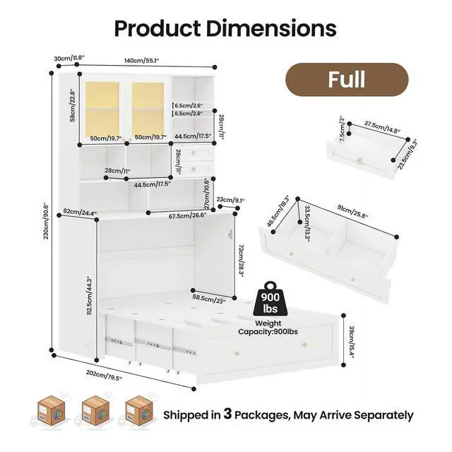 Alt view image 3 of 7 - Murphy Bed with Large Storage, LED Light, Charging Station (Full) | Space Saving, Modern Design, Wall Mount Cabinet Bed for Guest Room, Bedroom, Home Office, Mattress Not Included