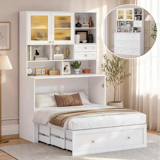 Main image of Murphy Bed with Large Storage, LED Light, Charging Station (Queen) | Space Saving, Modern Design, Wall Mount Cabinet Bed for Guest Room, Bedroom, Home Office, Mattress Not Included