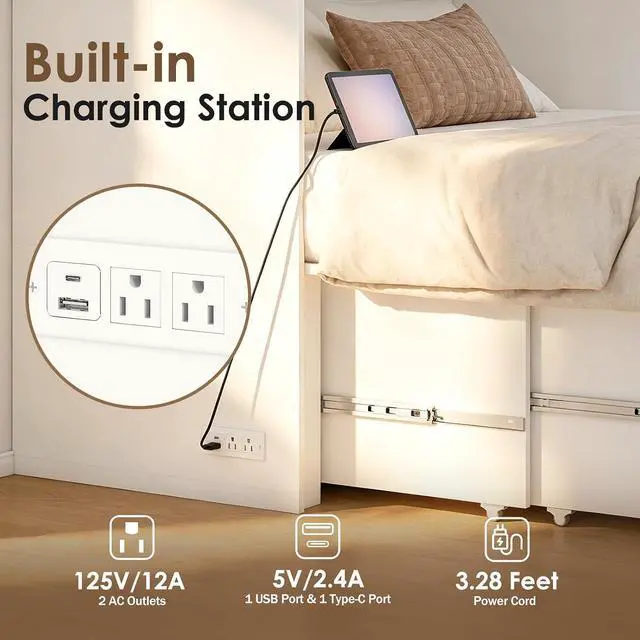 Alt view image 6 of 7 - Murphy Bed with Large Storage, LED Light, Charging Station (Queen) | Space Saving, Modern Design, Wall Mount Cabinet Bed for Guest Room, Bedroom, Home Office, Mattress Not Included