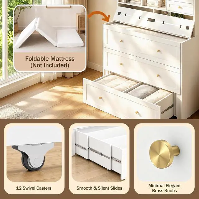 Alt view image 4 of 7 - Murphy Bed with Large Storage, LED Light, Charging Station (Queen) | Space Saving, Modern Design, Wall Mount Cabinet Bed for Guest Room, Bedroom, Home Office, Mattress Not Included