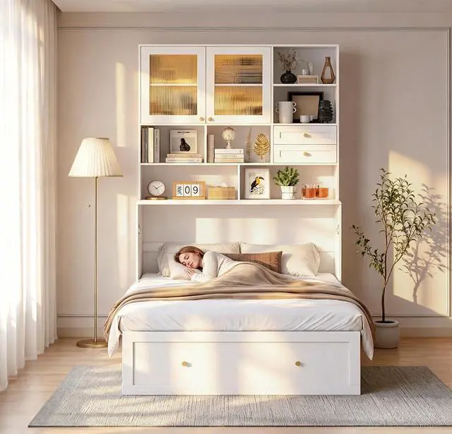 Alt view image 7 of 7 - Murphy Bed with Large Storage, LED Light, Charging Station (Queen) | Space Saving, Modern Design, Wall Mount Cabinet Bed for Guest Room, Bedroom, Home Office, Mattress Not Included