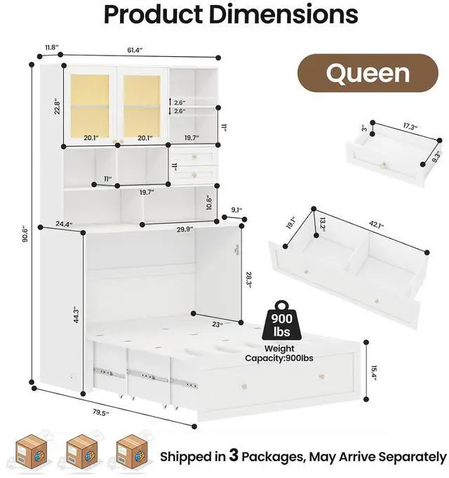 Alt view image 3 of 7 - Murphy Bed with Large Storage, LED Light, Charging Station (Queen) | Space Saving, Modern Design, Wall Mount Cabinet Bed for Guest Room, Bedroom, Home Office, Mattress Not Included