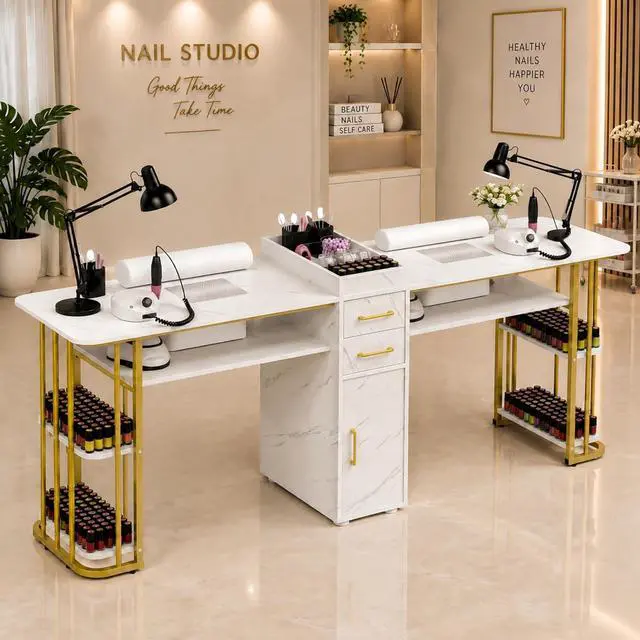 Main image of Double Manicure Table Nail Station for Nail Tech with Dust Collector | Double Nail Station, 2 Dust Collectors, Storage Cabinet, Acetone Resistant Surface, Dual Wrist Rests, Nail Tool Organizer