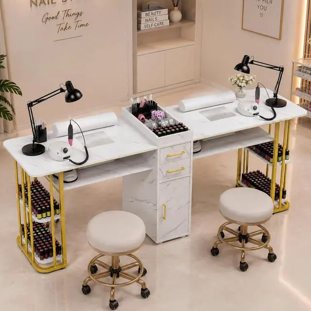 Alt view image 2 of 7 - Double Manicure Table Nail Station for Nail Tech with Dust Collector | Double Nail Station, 2 Dust Collectors, Storage Cabinet, Acetone Resistant Surface, Dual Wrist Rests, Nail Tool Organizer