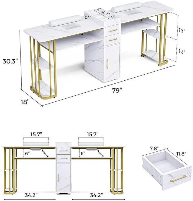 Alt view image 3 of 7 - Double Manicure Table Nail Desk for Nail Tech, Nail Station w/ 2 Dust Collectors, 2 Wrist Rests, 8 Dust Bags, Acetone Resistant Nail Salon Workstation w/Drawers & Storage Cabinet