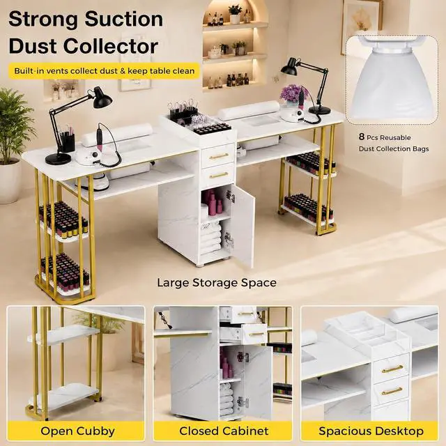 Alt view image 5 of 7 - Double Manicure Table Nail Station for Nail Tech with Dust Collector | Double Nail Station, 2 Dust Collectors, Storage Cabinet, Acetone Resistant Surface, Dual Wrist Rests, Nail Tool Organizer