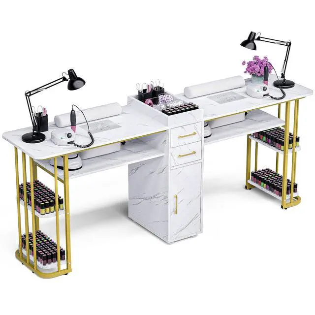 Alt view image 7 of 7 - Double Manicure Table Nail Station for Nail Tech with Dust Collector | Double Nail Station, 2 Dust Collectors, Storage Cabinet, Acetone Resistant Surface, Dual Wrist Rests, Nail Tool Organizer