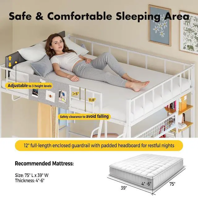 Alt view image 4 of 7 - Full Size Loft Bed with Desk & Stairs, Metal Heavy Duty Loft Bed Frame w/Charging Station, LED Lights, Safety Guardrail, Storage Drawers & Shelves for Adults Teens & Kids, Space-Saving, White