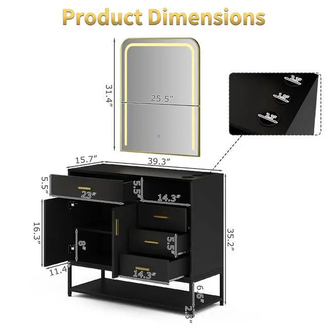 Alt view image 2 of 7 - Salon Station with LED Mirror for Hair Styling, Black | Free Standing Barber Cabinet with 4 Drawers & 3 Hair Dryer Holders, Modern Beauty Dresser & Salon Spa Equipment