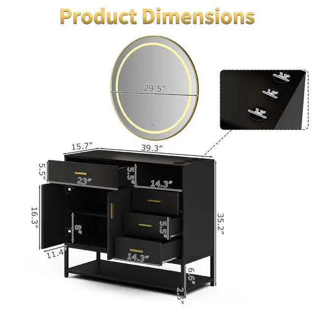 Alt view image 2 of 7 - Salon Station with LED Mirror for Hair Styling, Black | Free Standing Barber Cabinet with 4 Drawers & 3 Hair Dryer Holders, Modern Beauty Dresser & Salon Spa Equipment