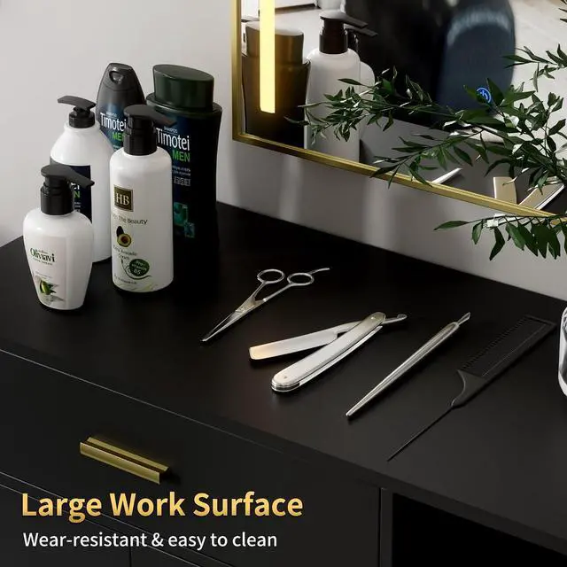 Alt view image 5 of 7 - Salon Station with LED Mirror for Hair Styling, Black | Free Standing Barber Cabinet with 4 Drawers & 3 Hair Dryer Holders, Modern Beauty Dresser & Salon Spa Equipment