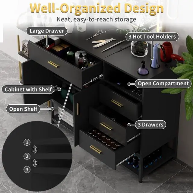 Alt view image 6 of 7 - Salon Station with LED Mirror for Hair Styling, Black | Free Standing Barber Cabinet with 4 Drawers & 3 Hair Dryer Holders, Modern Beauty Dresser & Salon Spa Equipment