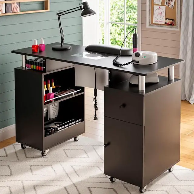 Main image of Manicure Table Nail Desk for Nail Tech with Dust Collector & Wrist Rest, Acetone Resistant Beauty Salon Station with Lockable Wheels, Black