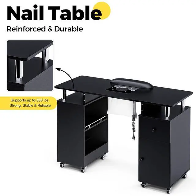 Alt view image 5 of 7 - Manicure Table Nail Desk for Nail Tech with Dust Collector & Wrist Rest, Acetone Resistant Beauty Salon Station with Lockable Wheels, Black