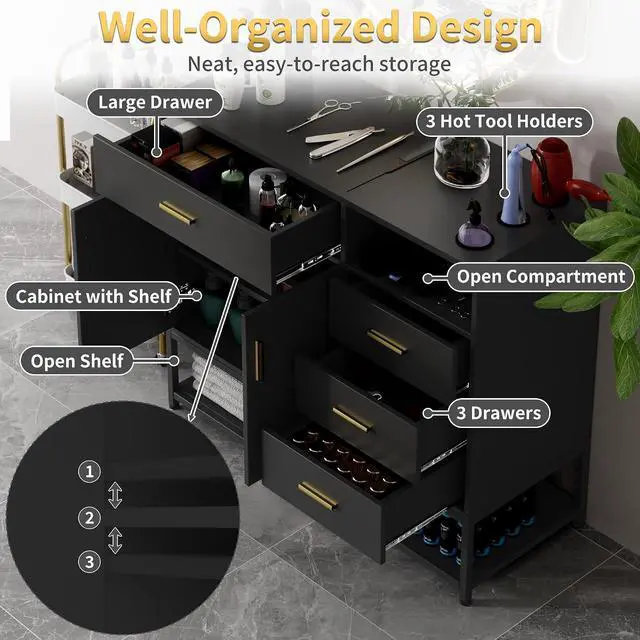 Alt view image 6 of 7 - Salon Station with LED Mirror for Hair Styling, Black | Free Standing Barber Cabinet with 4 Drawers & 3 Hair Dryer Holders, Modern Beauty Dresser & Salon Spa Equipment