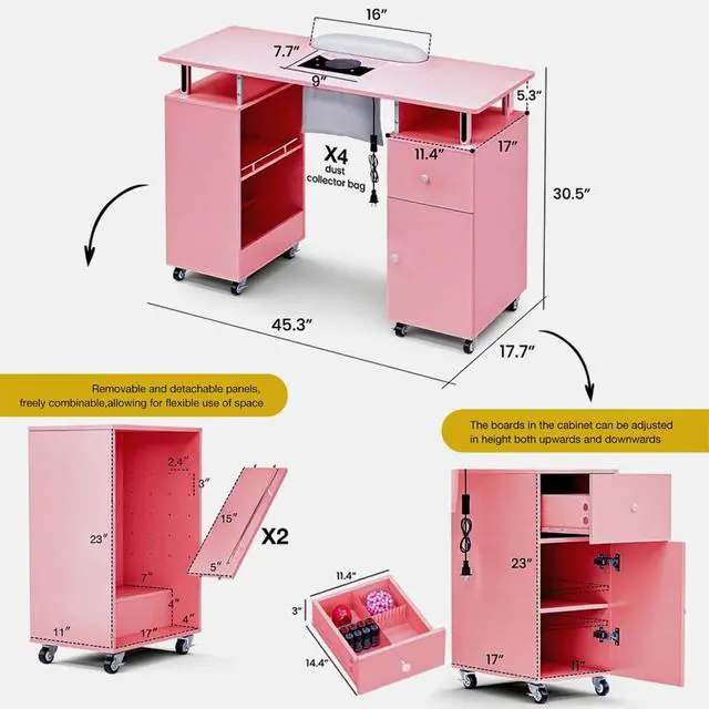 Alt view image 2 of 7 - Manicure Table Nail Desk for Nail Tech with Dust Collector & Wrist Rest, Acetone Resistant Beauty Salon Station with Lockable Wheels, Pink
